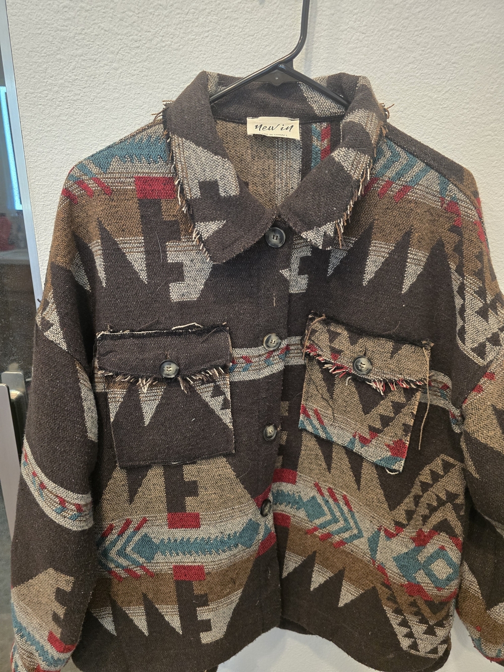 New In Aztec Print Button-Up Jacket in Brown, Teal & Red